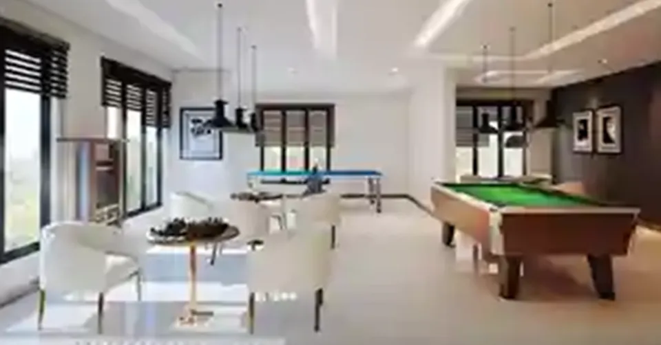 Living room with orange sofa and wooden partition
